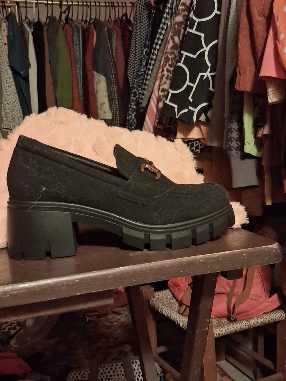 Dream Pairs Black Chunky Faux Suede Loafer with Gold Buckle. NWOT